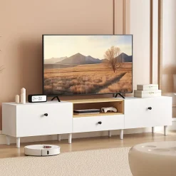 Meuble TV 200 cm design bicolore sur pied 2 portes rabattables tiroir niche effet bois clair blanc