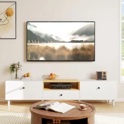 Meuble TV 200 cm design bicolore sur pied 2 portes rabattables tiroir niche effet bois clair blanc