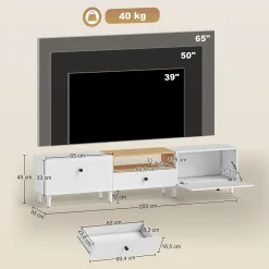 Meuble TV 200 cm design bicolore sur pied 2 portes rabattables tiroir niche effet bois clair blanc