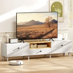 Meuble TV 200 cm design bicolore sur pied 2 portes rabattables tiroir niche effet bois clair blanc
