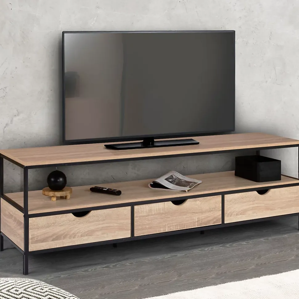 Meuble TV 160 cm DETROIT 3 tiroirs design industriel