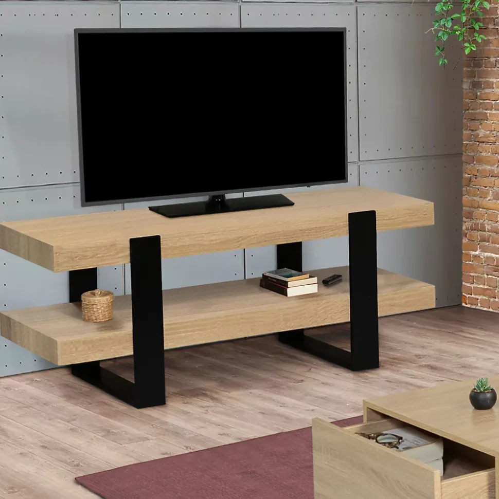 Meuble TV 114 cm double plateau PHOENIX bois et noir