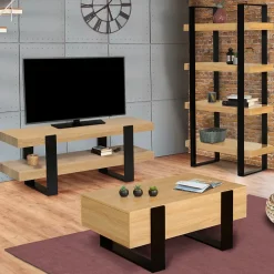 Meuble TV 114 cm double plateau PHOENIX bois et noir