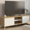 Meuble TV 140 cm EASY montage sans outils 2 portes coulissantes réversibles effet bois et blanc