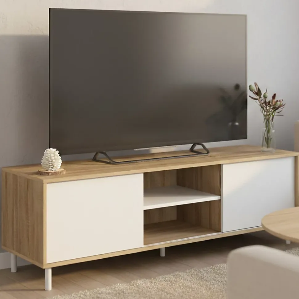 Meuble TV 140 cm EASY montage sans outils 2 portes coulissantes réversibles effet bois et blanc