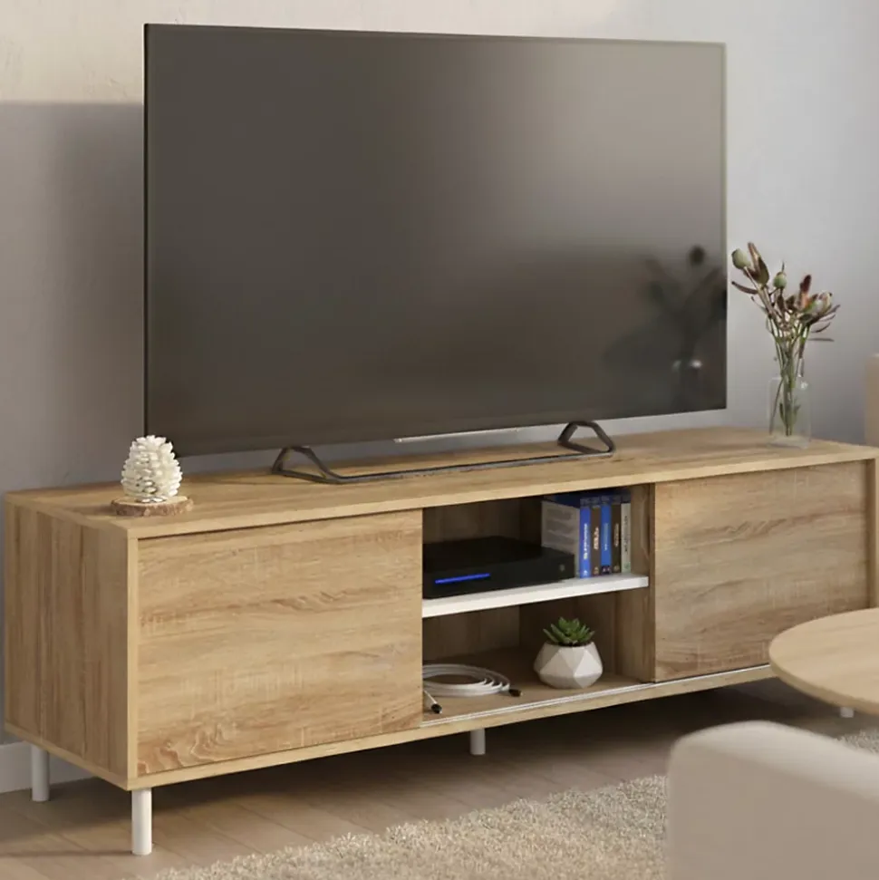 Meuble TV 140 cm EASY montage sans outils 2 portes coulissantes réversibles effet bois et blanc