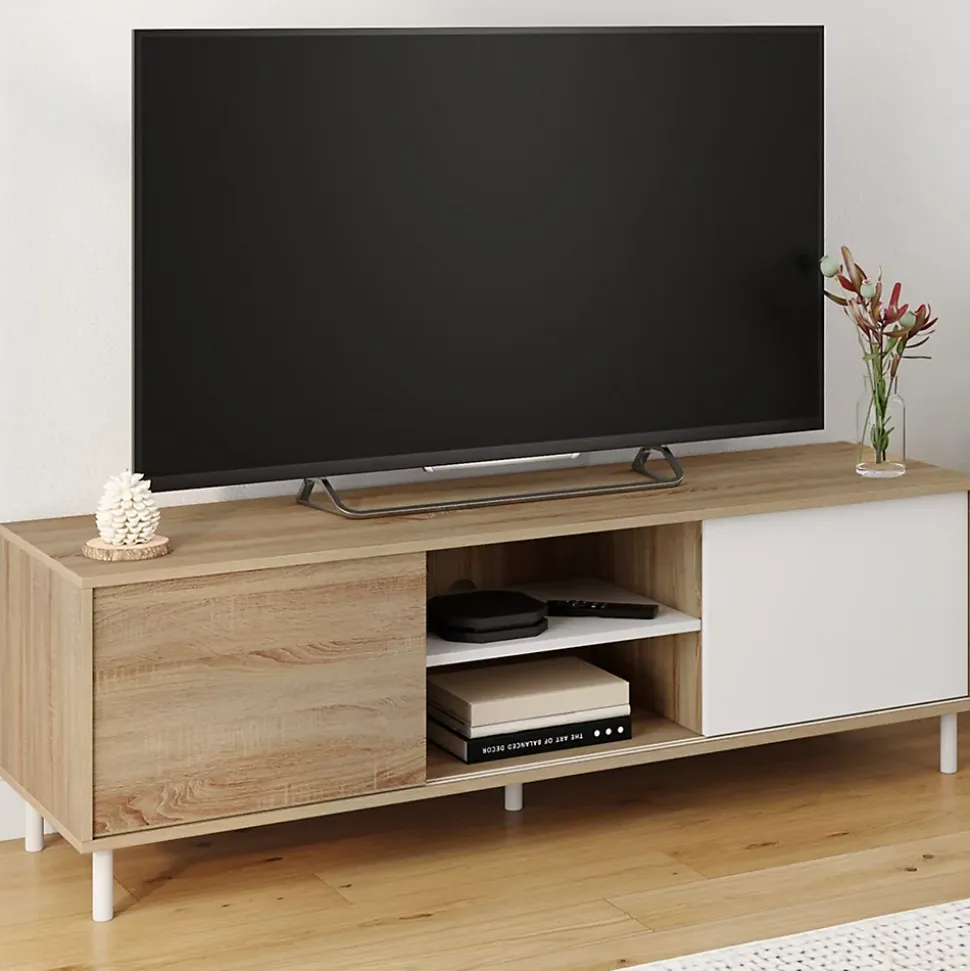 Meuble TV 140 cm EASY montage sans outils 2 portes coulissantes réversibles effet bois et blanc