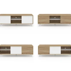 Meuble TV 140 cm EASY montage sans outils 2 portes coulissantes réversibles effet bois et blanc