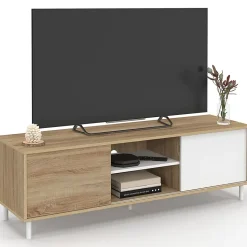 Meuble TV 140 cm EASY montage sans outils 2 portes coulissantes réversibles effet bois et blanc