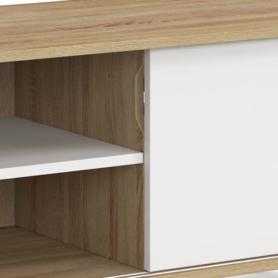 Meuble TV 140 cm EASY montage sans outils 2 portes coulissantes réversibles effet bois et blanc