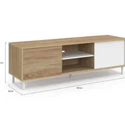 Meuble TV 140 cm EASY montage sans outils 2 portes coulissantes réversibles effet bois et blanc