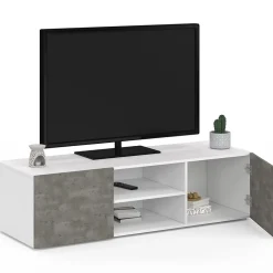 Meuble TV 113 cm ELI blanc portes effet béton