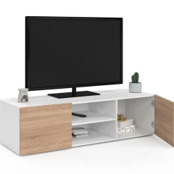 Meuble TV 113 cm ELI blanc portes façon hêtre