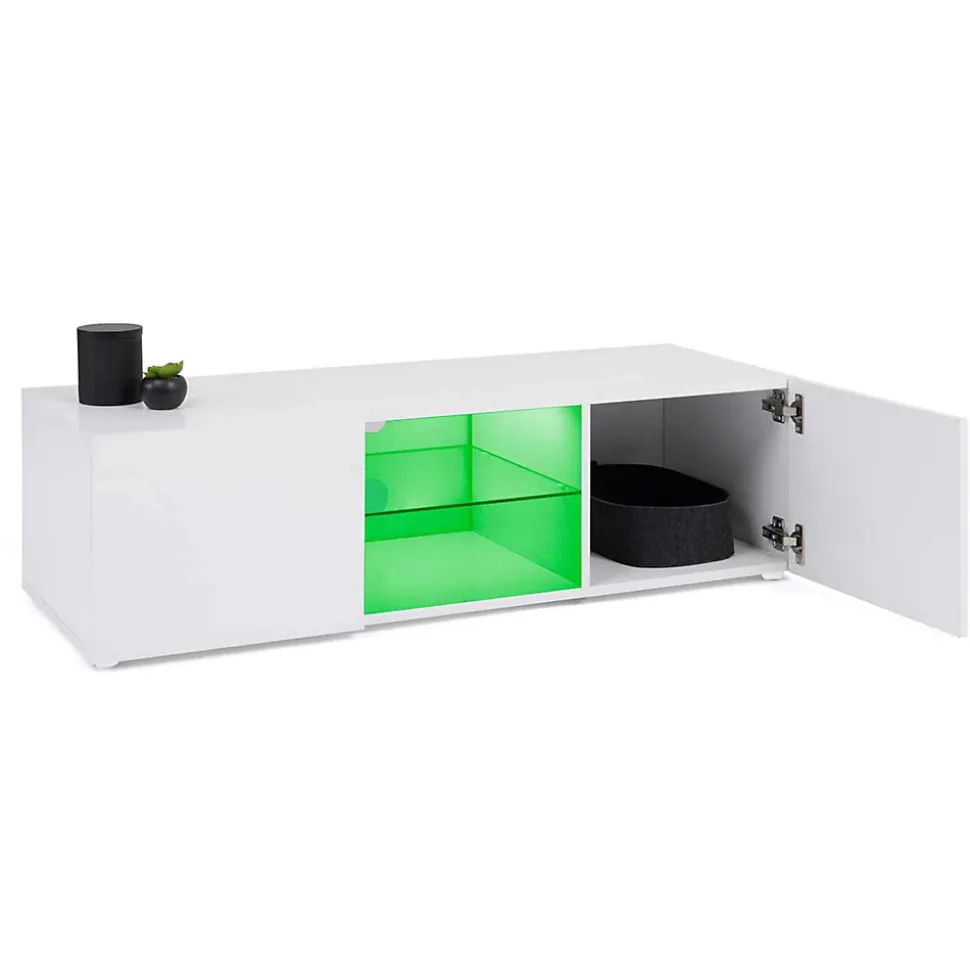 Meuble TV 113 cm ELI blanc étagère en verre avec LED