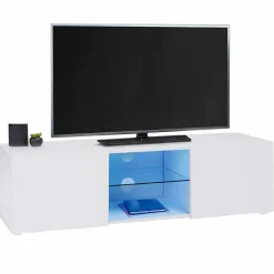 Meuble TV 113 cm ELI blanc étagère en verre avec LED