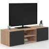 Meuble TV 113 cm ELI bois façon hêtre portes noires