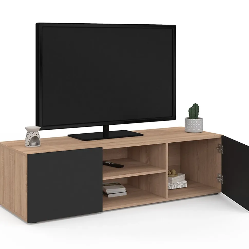 Meuble TV 113 cm ELI bois façon hêtre portes noires