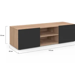 Meuble TV 113 cm ELI bois façon hêtre portes noires