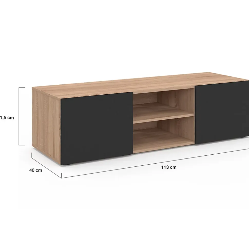 Meuble TV 113 cm ELI bois façon hêtre portes noires