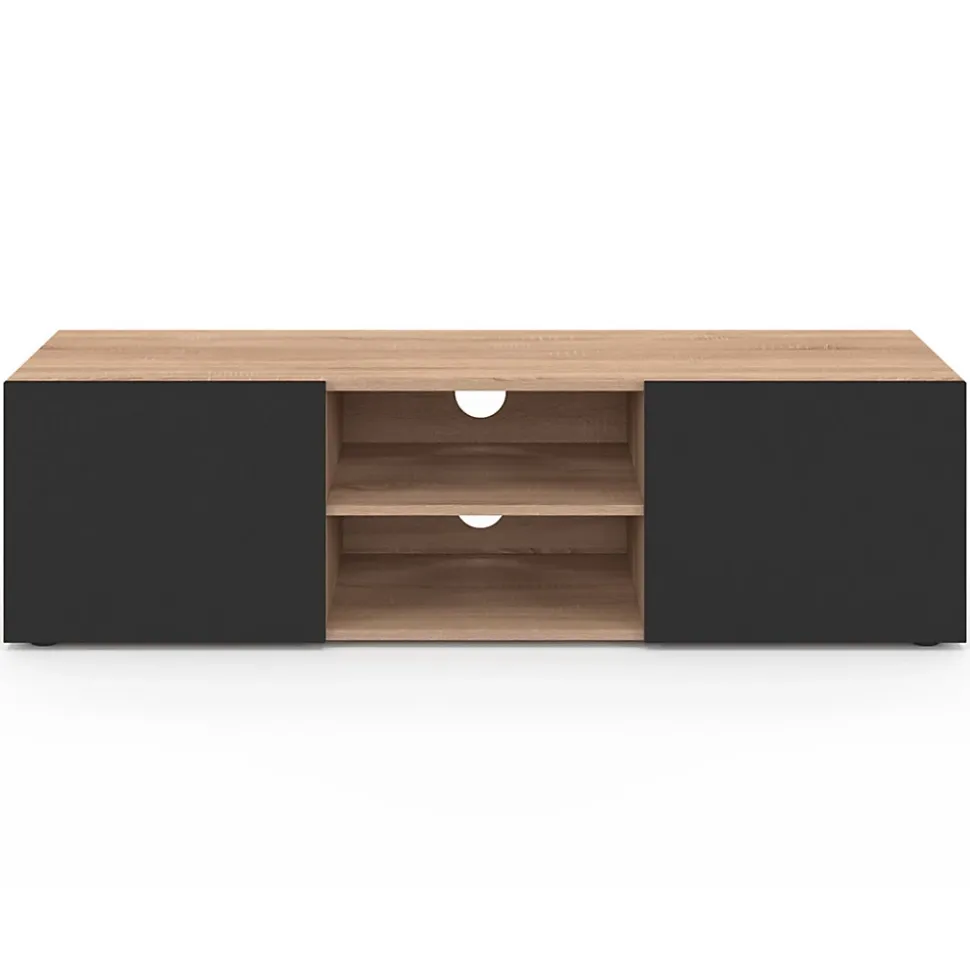 Meuble TV 113 cm ELI bois façon hêtre portes noires