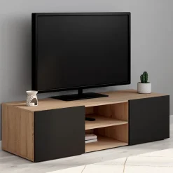 Meuble TV 113 cm ELI bois façon hêtre portes noires