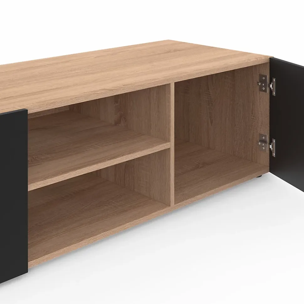 Meuble TV 113 cm ELI bois façon hêtre portes noires