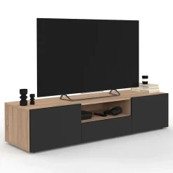 Meuble TV 140 cm ELI bois façon hêtre portes noires