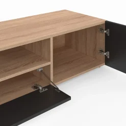 Meuble TV 140 cm ELI bois façon hêtre portes noires