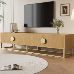 Meuble TV 180 Cm En Bois Grainé - Meuble De Salle à Manger Moderne, 4 Portes, Poignées Demi-rondes