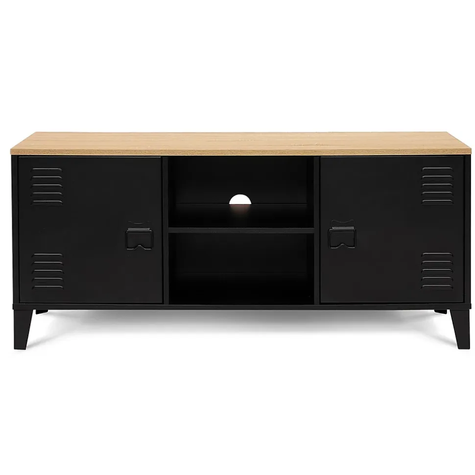 Meuble TV 113 cm ESTER 2 portes métal noir et plateau bois design industriel