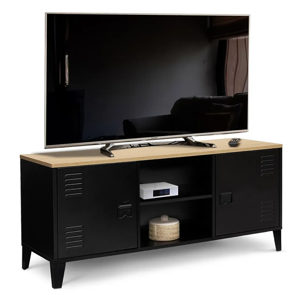 Meuble TV 113 cm ESTER 2 portes métal noir et plateau bois design industriel