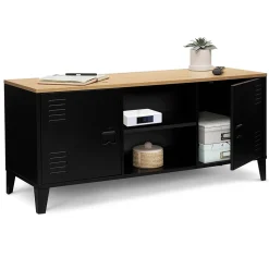 Meuble TV 113 cm ESTER 2 portes métal noir et plateau bois design industriel