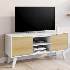 Meuble TV 110 cm FINN blanc 2 portes façon hêtre