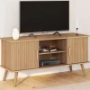 Meuble TV 110 cm JULIETTE 2 portes lattes tasseau bois coloris chêne
