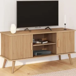Meuble TV 110 cm JULIETTE 2 portes lattes tasseau bois coloris chêne