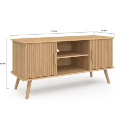 Meuble TV 110 cm JULIETTE 2 portes lattes tasseau bois coloris chêne