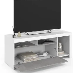 Meuble TV 110 cm MALO blanc et placard effet béton