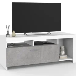 Meuble TV 110 cm MALO blanc et placard effet béton