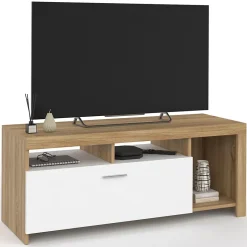 Meuble TV 110 cm MALO bois et placard blanc