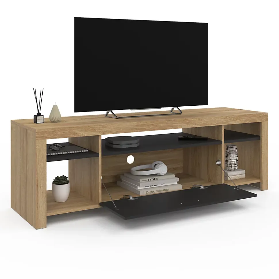 Meuble TV 140 cm MALO bois et placard noir