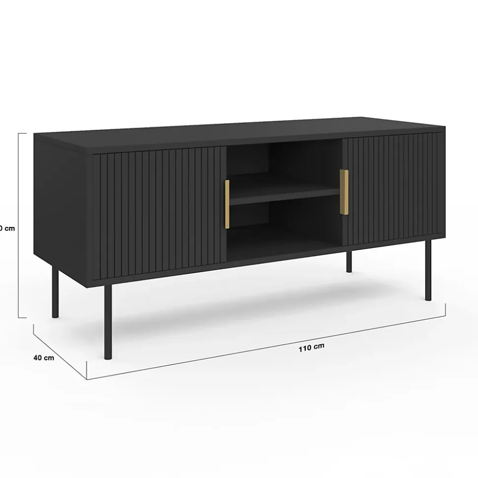 Meuble TV 110 cm MARCEL 2 portes lattes tasseau bois noir