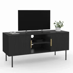 Meuble TV 110 cm MARCEL 2 portes lattes tasseau bois noir