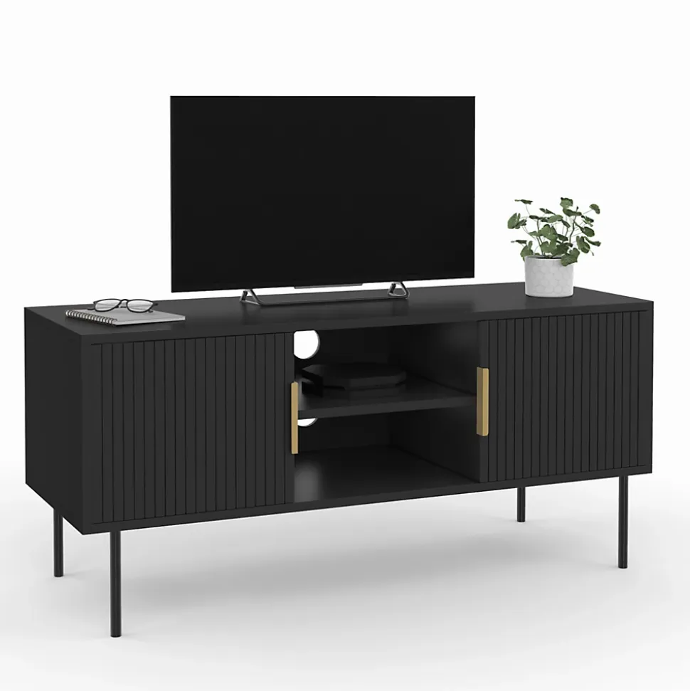 Meuble TV 110 cm MARCEL 2 portes lattes tasseau bois noir