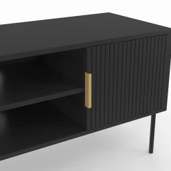 Meuble TV 110 cm MARCEL 2 portes lattes tasseau bois noir