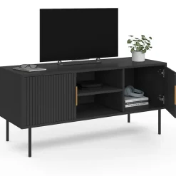Meuble TV 110 cm MARCEL 2 portes lattes tasseau bois noir