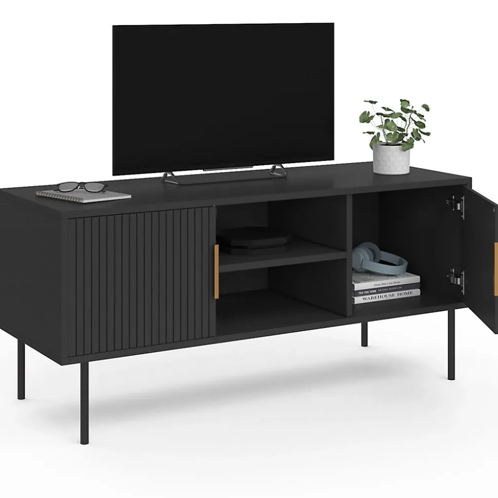 Meuble TV 110 cm MARCEL 2 portes lattes tasseau bois noir