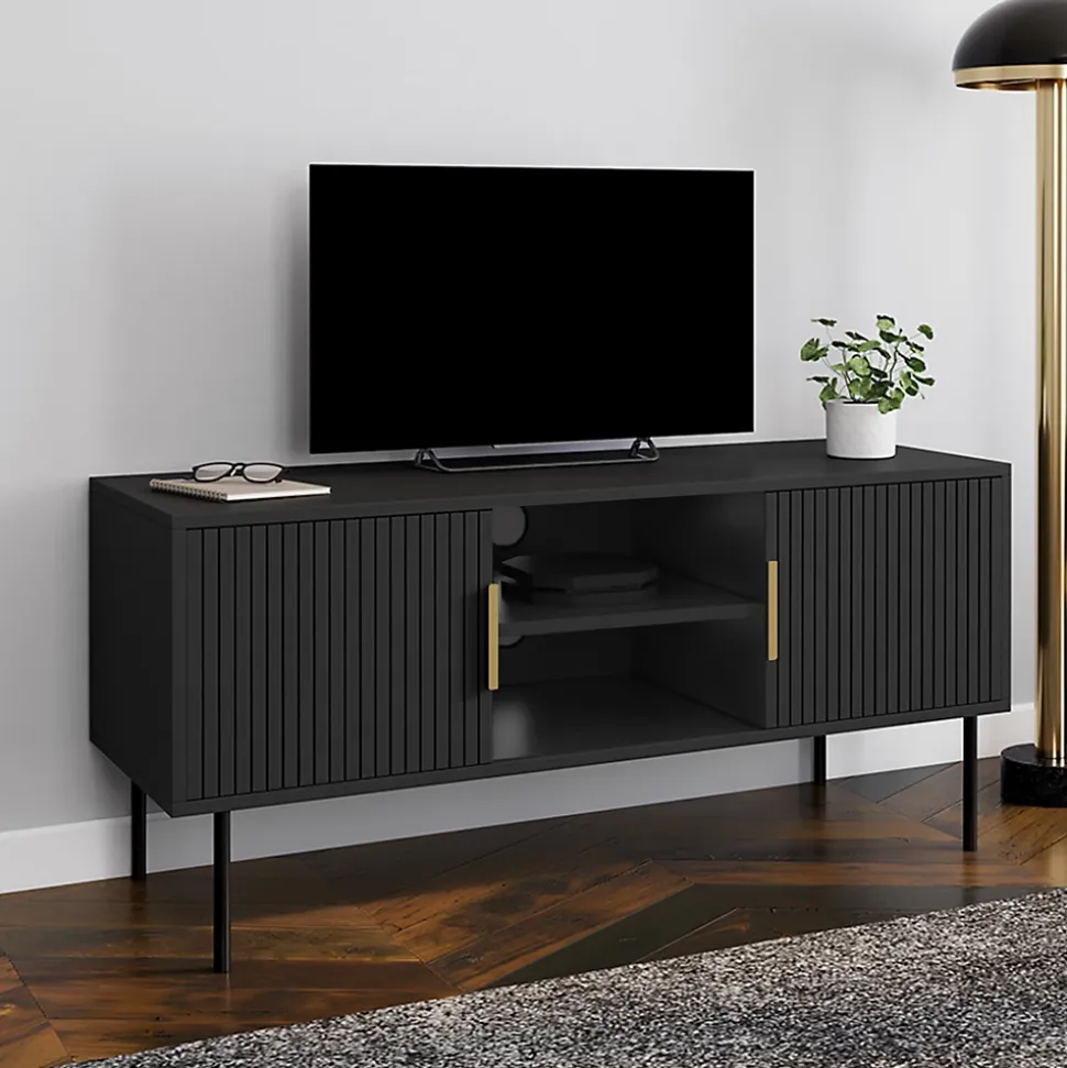 Meuble TV 110 cm MARCEL 2 portes lattes tasseau bois noir