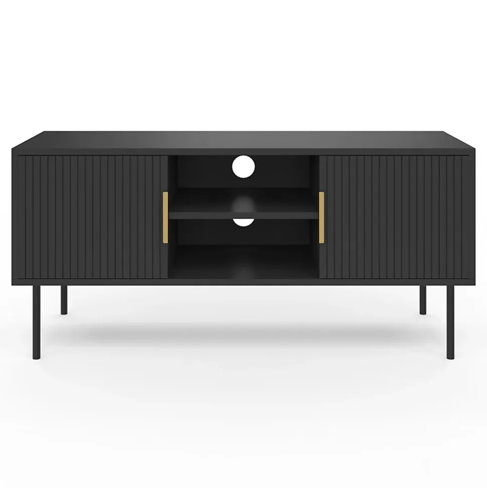 Meuble TV 110 cm MARCEL 2 portes lattes tasseau bois noir