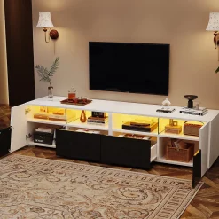Meuble TV 180 cm Moderne avec LED, 2 Tiroirs et 2 Portes, Compartiments Ouverts, MDF et Verre - Blanc et Noir