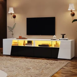 Meuble TV 180 cm Moderne avec LED, 2 Tiroirs et 2 Portes, Compartiments Ouverts, MDF et Verre - Blanc et Noir